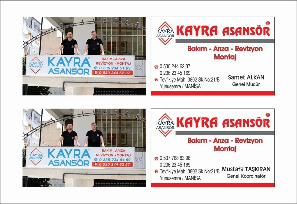 Kayra Asansör saha ekibi ve firma kartvizitleri